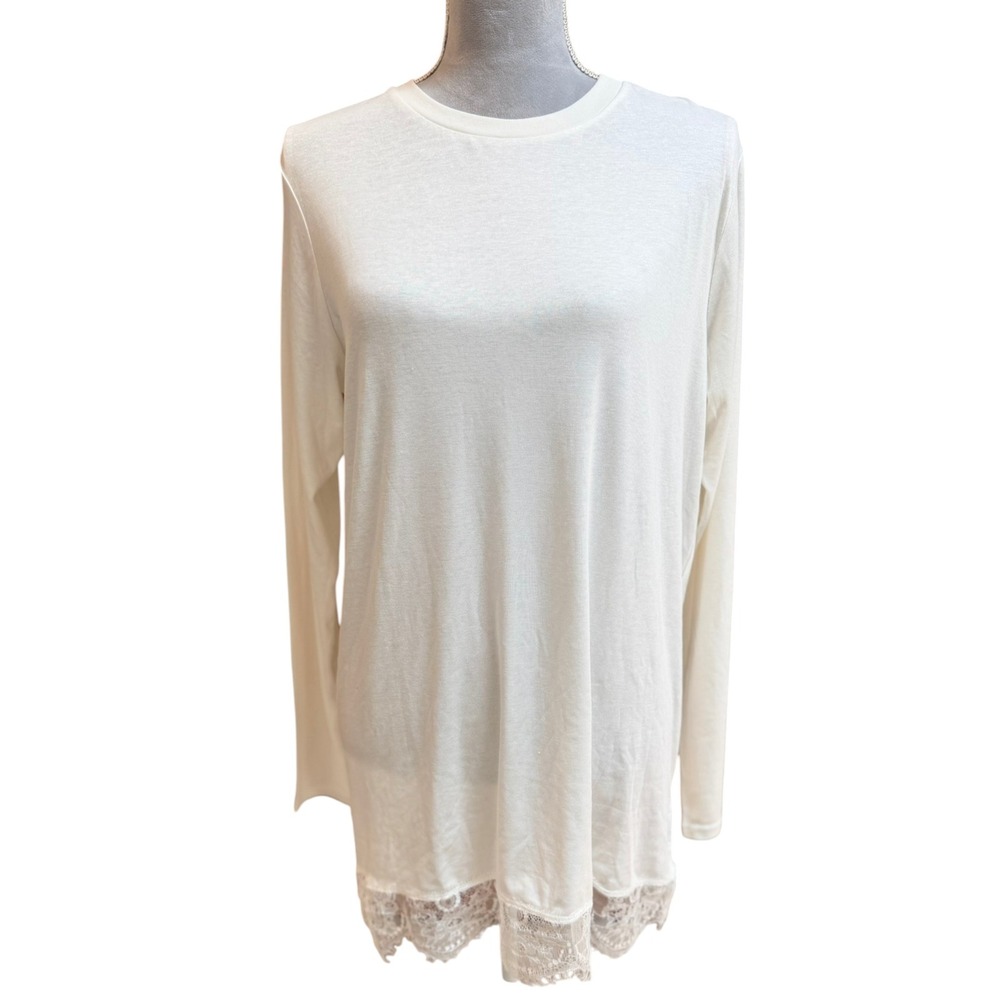 Maison Marguerite Tunic Top White Medium Lyocell Linen Lace Hem Long Sleeve